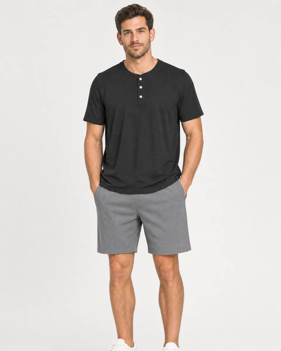 StringKing Men's Pima Jersey Short Sleeve Henley - Relaxed Fit, Black, Full Front - Human Model - Top of head to Knees