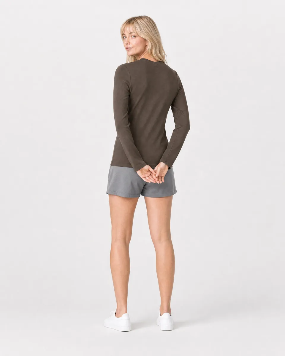 StringKing Women's Pima Jersey Long Sleeve V-Neck Tee - Sharp Fit, Wren, Full Back - Human Model - Top of head to Mid-thigh