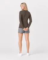 StringKing Women's Pima Jersey Long Sleeve V-Neck Tee - Sharp Fit, Wren, Full Back - Human Model - Top of head to Mid-thigh