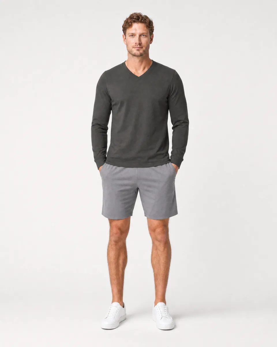 StringKing Men's Pima Terry Long Sleeve V-Neck Tee - Sharp Fit, Peat, Full Front - Human Model - Top of head to Knees
