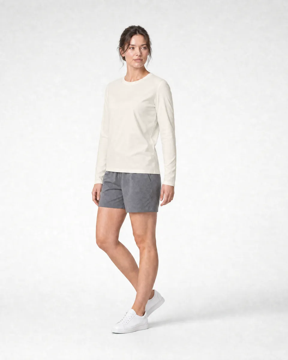 StringKing Women's Pima Jersey Long Sleeve Tee - Sharp Fit, Tofu, Full Front Angle - Human Model