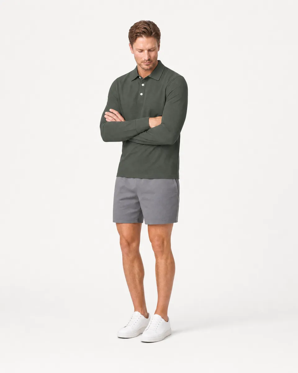 StringKing Men's Pima Jersey Long Sleeve Polo - Sharp Fit, Moss, Full Front Angle - Human Model