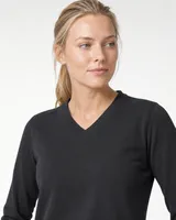 StringKing Women's Pima Terry Long Sleeve V-Neck Tee - Sharp Fit, Black, Collar Shoulder - Human Model