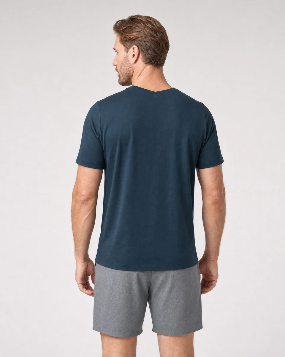 StringKing Men's Pima Jersey V-Neck Tee - Sharp Fit, Navy, Full Back - Human Model - Top of head to Mid-thigh