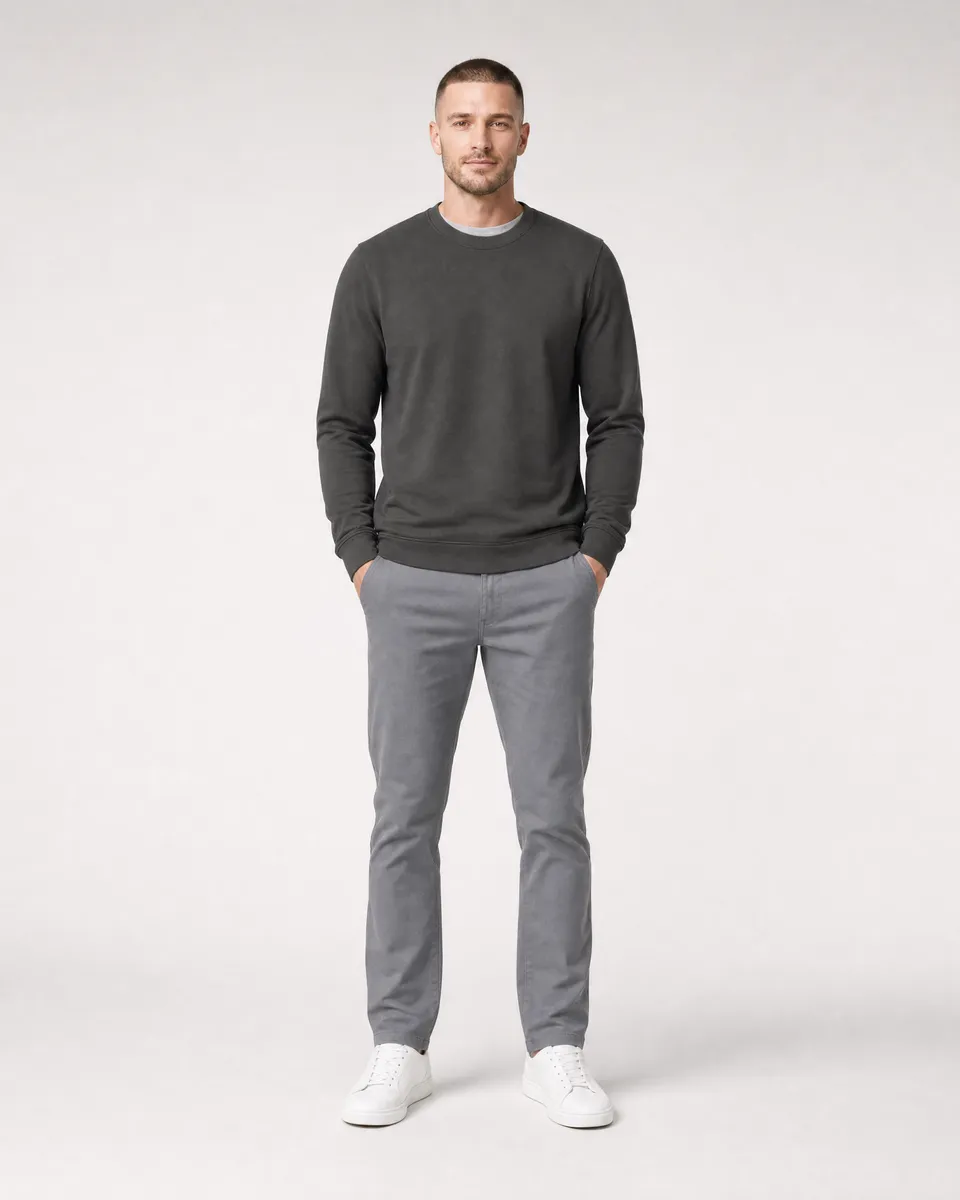 StringKing Men's Pima Terry Crew Sweater - Sharp Fit, Peat, Full Front - Human Model