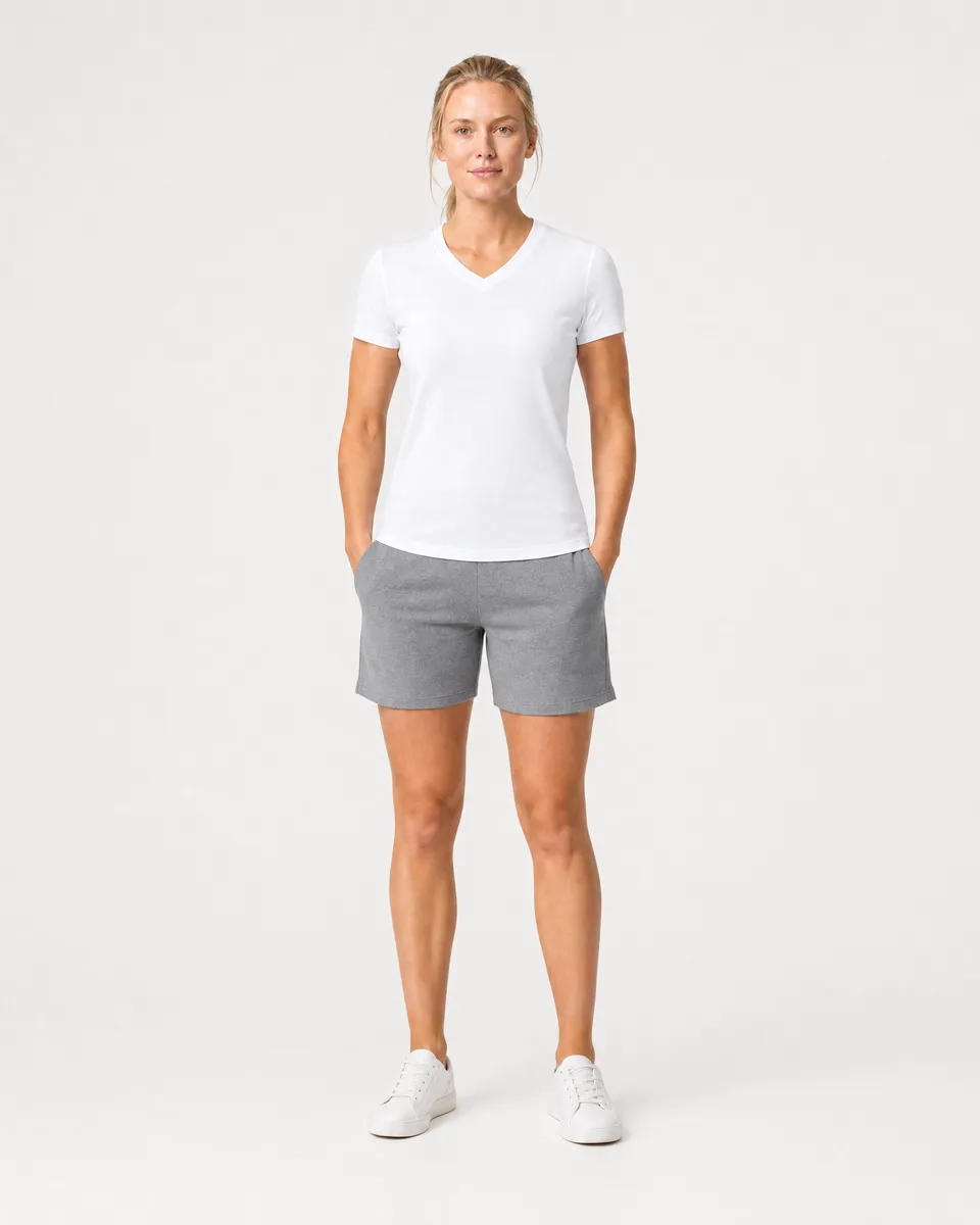 StringKing Women's Pima Terry V-Neck Tee - Sharp Fit, White, Full Front - Human Model