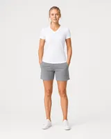 StringKing Women's Pima Terry V-Neck Tee - Sharp Fit, White, Full Front - Human Model
