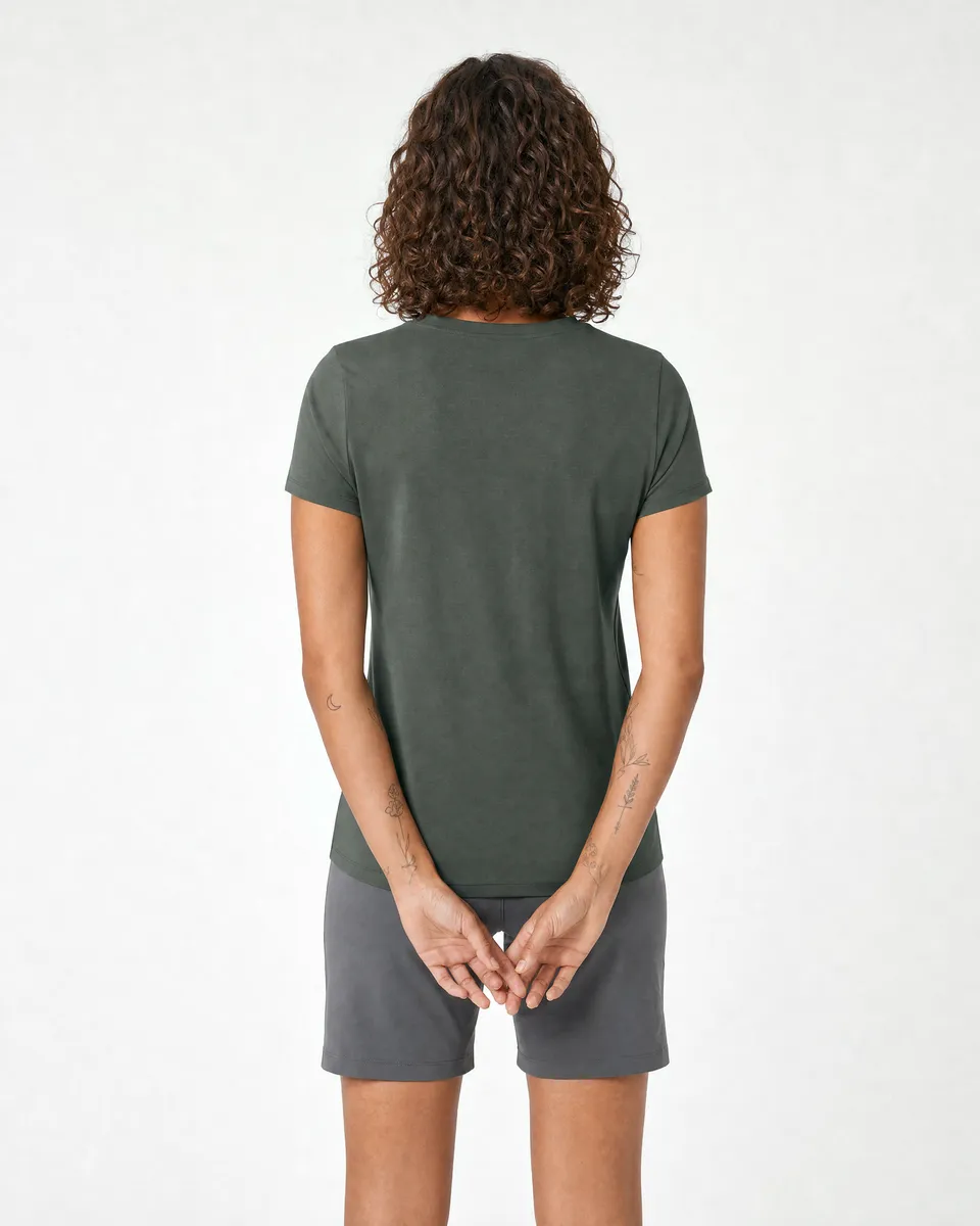 StringKing Women's Pima Jersey V-Neck Tee - Sharp Fit, Moss, Full Back - Human Model - Top of head to Mid-thigh