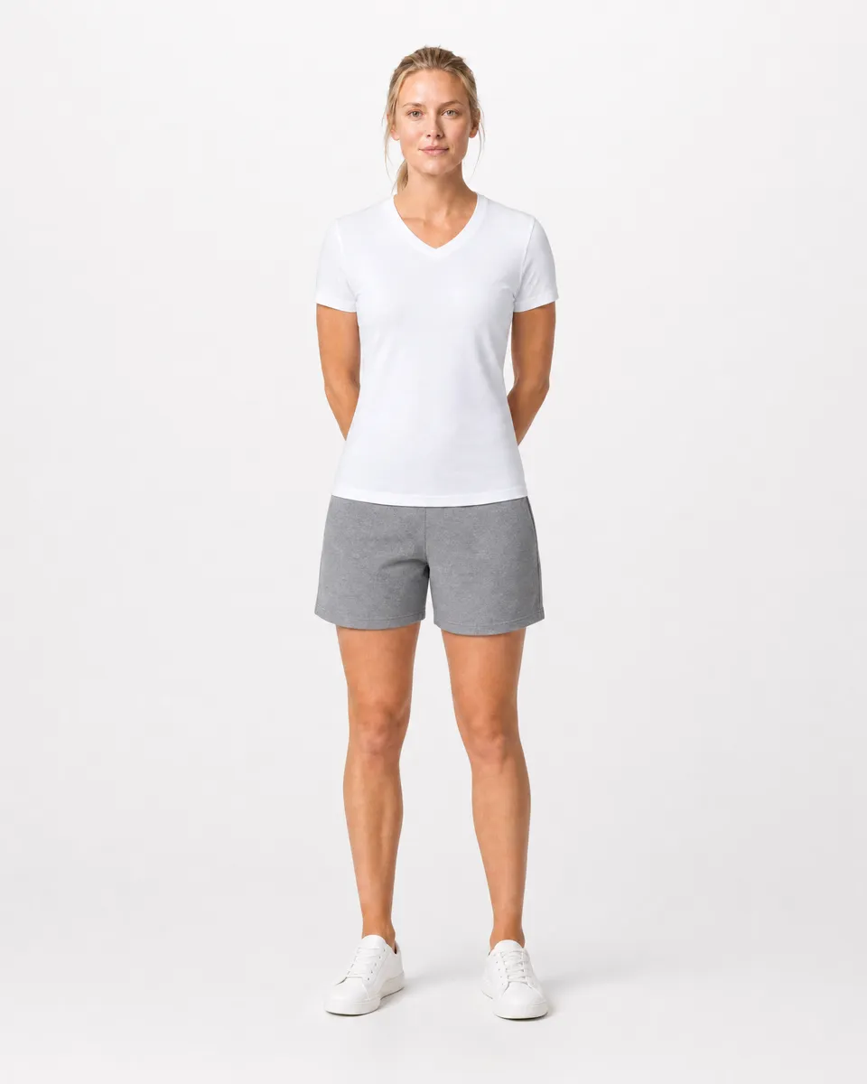 StringKing Women's Pima Terry V-Neck Tee - Sharp Fit, White, Full Front - Human Model - Top of head to Knees