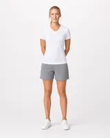 StringKing Women's Pima Terry V-Neck Tee - Sharp Fit, White, Full Front - Human Model - Top of head to Knees