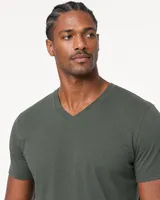 StringKing Men's Pima Jersey V-Neck Tee - Sharp Fit, Moss, Collar Shoulder - Human Model