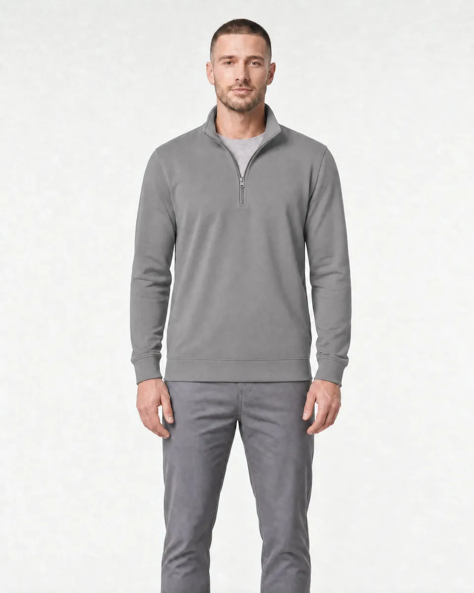 StringKing Men's Pima Terry Quarter Zip - Sharp Fit, Frost Gray, Full Front - Human Model - Top of head to Knees