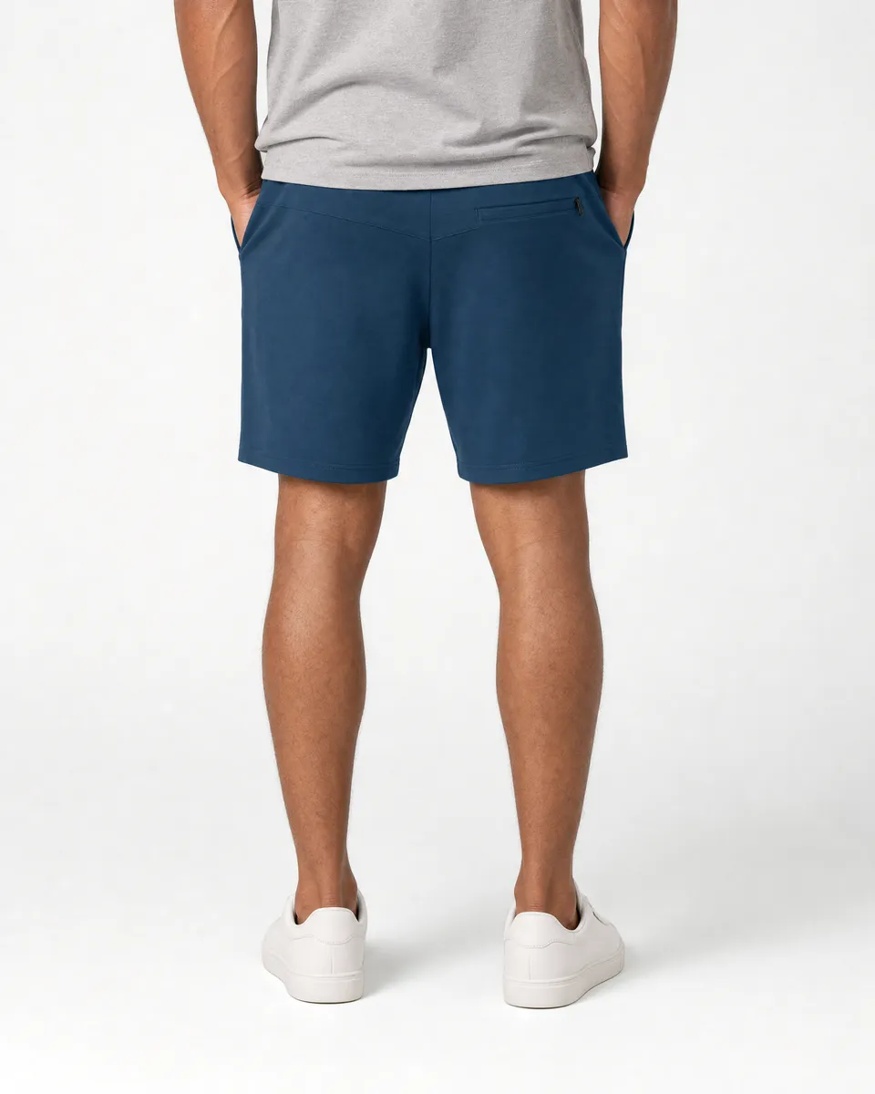 StringKing Men's StayWarm Shorts - Relaxed Fit, Navy Blue, Full Back - Human Model - Chest to Feet