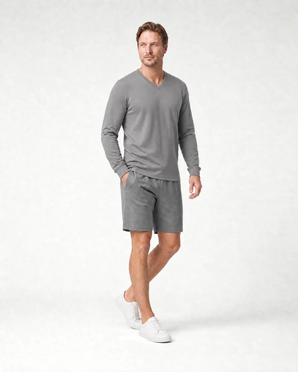 StringKing Men's Pima Terry Long Sleeve V-Neck Tee - Sharp Fit, Frost Gray, Full Front Angle - Human Model