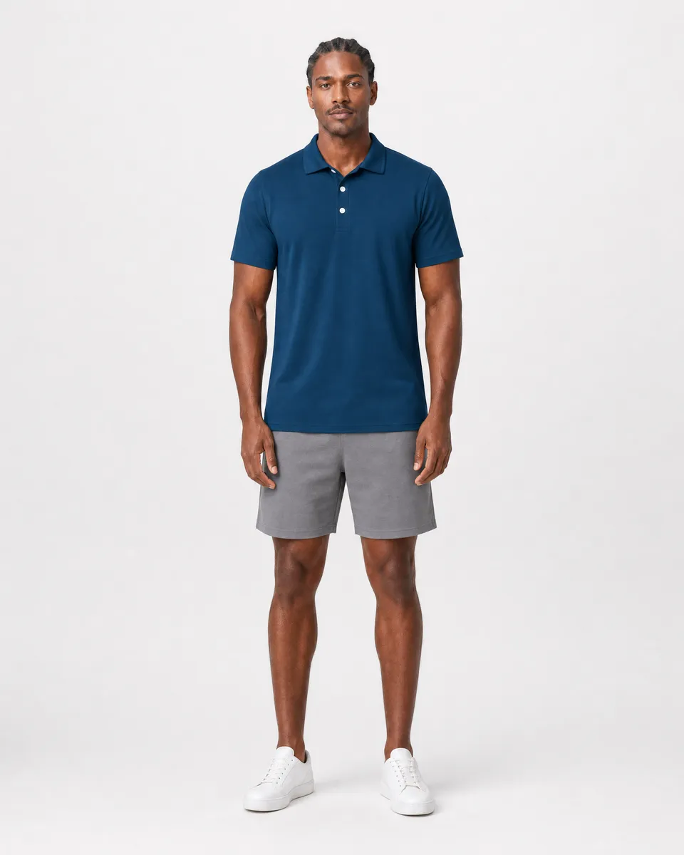 StringKing Men's StayCool Polo - Relaxed Fit, Navy Blue, Full Front - Human Model - Top of head to Knees