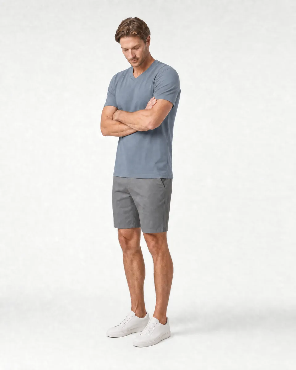 StringKing Men's Pima Terry V-Neck Tee - Sharp Fit, Tradewinds, Full Front Angle - Human Model