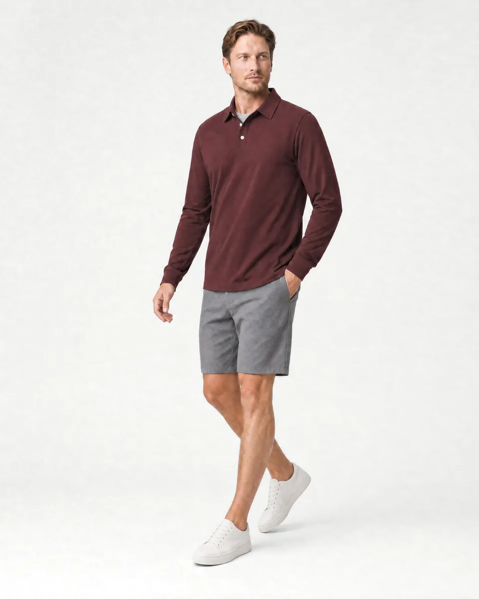 StringKing Men's Pima Jersey Long Sleeve Polo - Relaxed Fit, New Maroon, Full Front Angle - Human Model