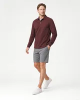 StringKing Men's Pima Jersey Long Sleeve Polo - Relaxed Fit, New Maroon, Full Front Angle - Human Model