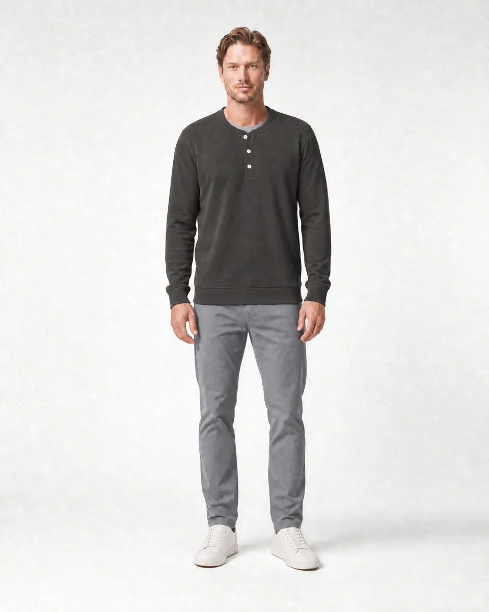 StringKing Men's Pima Terry Henley - Sharp Fit, Peat, Full Front - Human Model