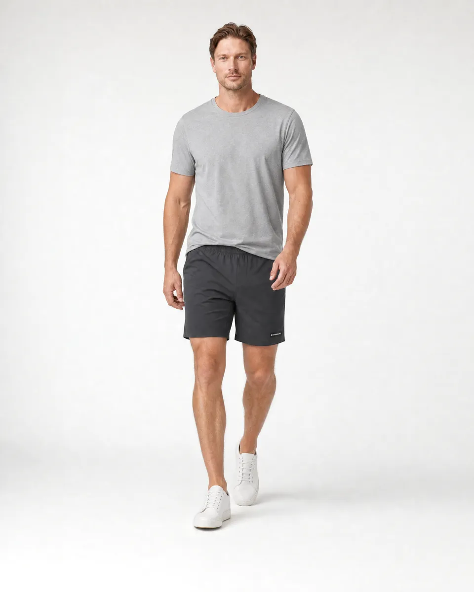 StringKing Men's Nylon Flex Shorts - Sharp Fit, Black, Full Front Angle - Human Model