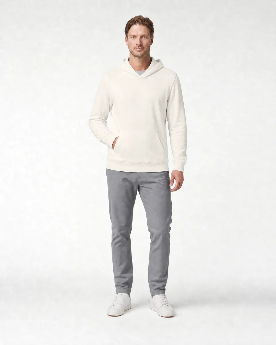 StringKing Men's Pima Terry Hoodie - Relaxed Fit, Tofu, Full Front - Human Model