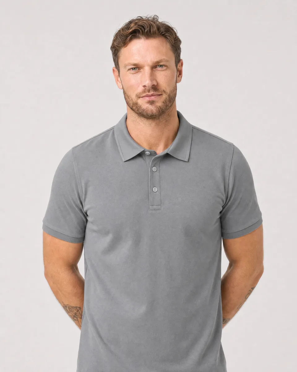 StringKing Men's Pima Terry Polo - Relaxed Fit, Frost Gray, Collar Shoulder - Human Model