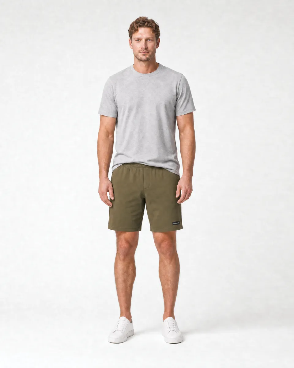 StringKing Men's Pima Terry Shorts - Relaxed Fit, Olive Drab, Full Front - Human Model