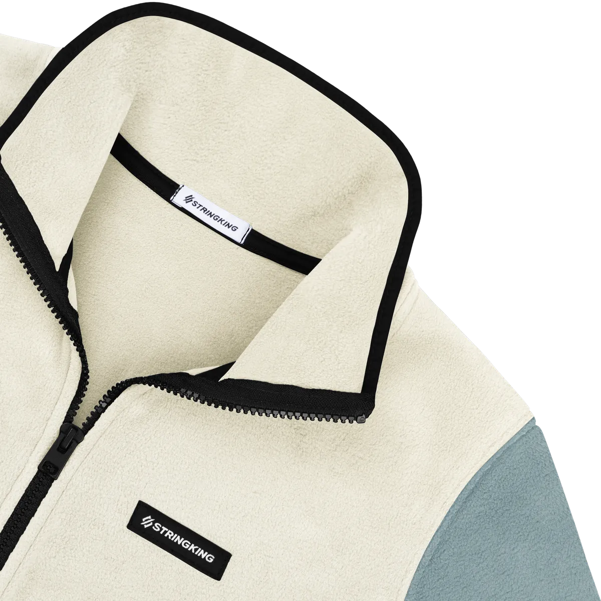 StringKing Women's Polartec Half Zip - Sharp Fit, Jet Stream Top, Meteorite Bottom, Slate Sleeves, Black Trim, Detail