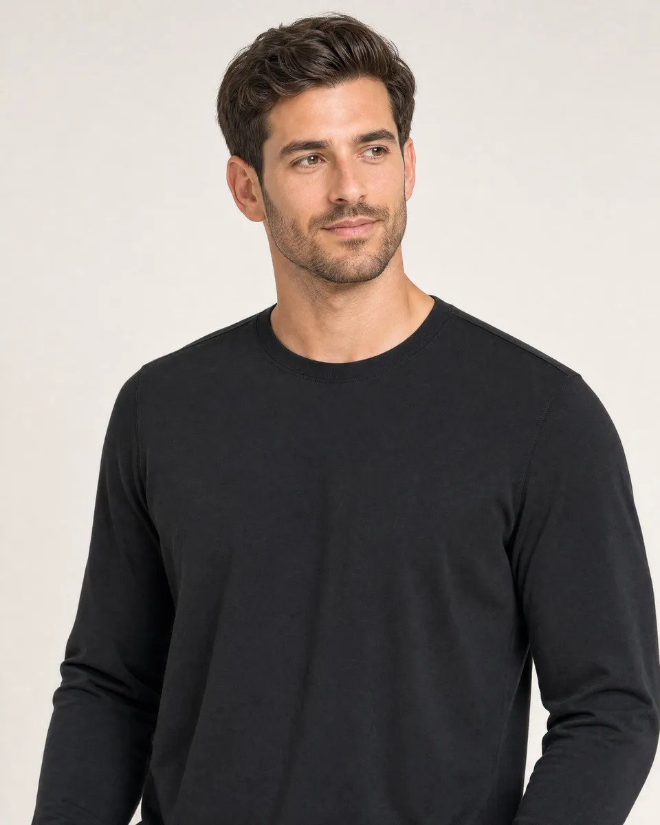 StringKing Men's Pima Jersey Long Sleeve Tee - Sharp Fit, Black, Collar Shoulder - Human Model