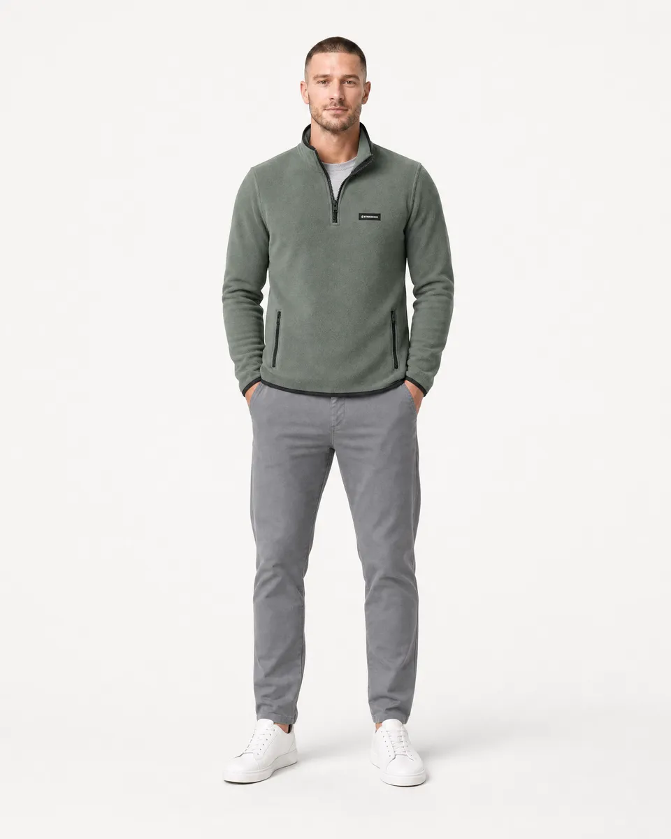 StringKing Men's Polartec Fleece Quarter Zip with Pockets - Sharp Fit, Avenue Green, Full Front - Human Model