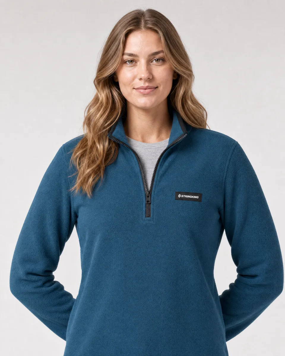 StringKing Women's Polartec Fleece Quarter Zip with Pockets - Sharp Fit, Indian Teal, Collar Shoulder - Human Model
