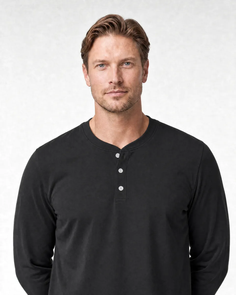 StringKing Men's Pima Jersey Henley - Sharp Fit, Black, Collar Shoulder - Human Model