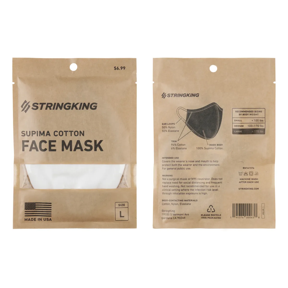 StringKing Cloth Face Mask - Standard, Single, Large, White, Front, Back