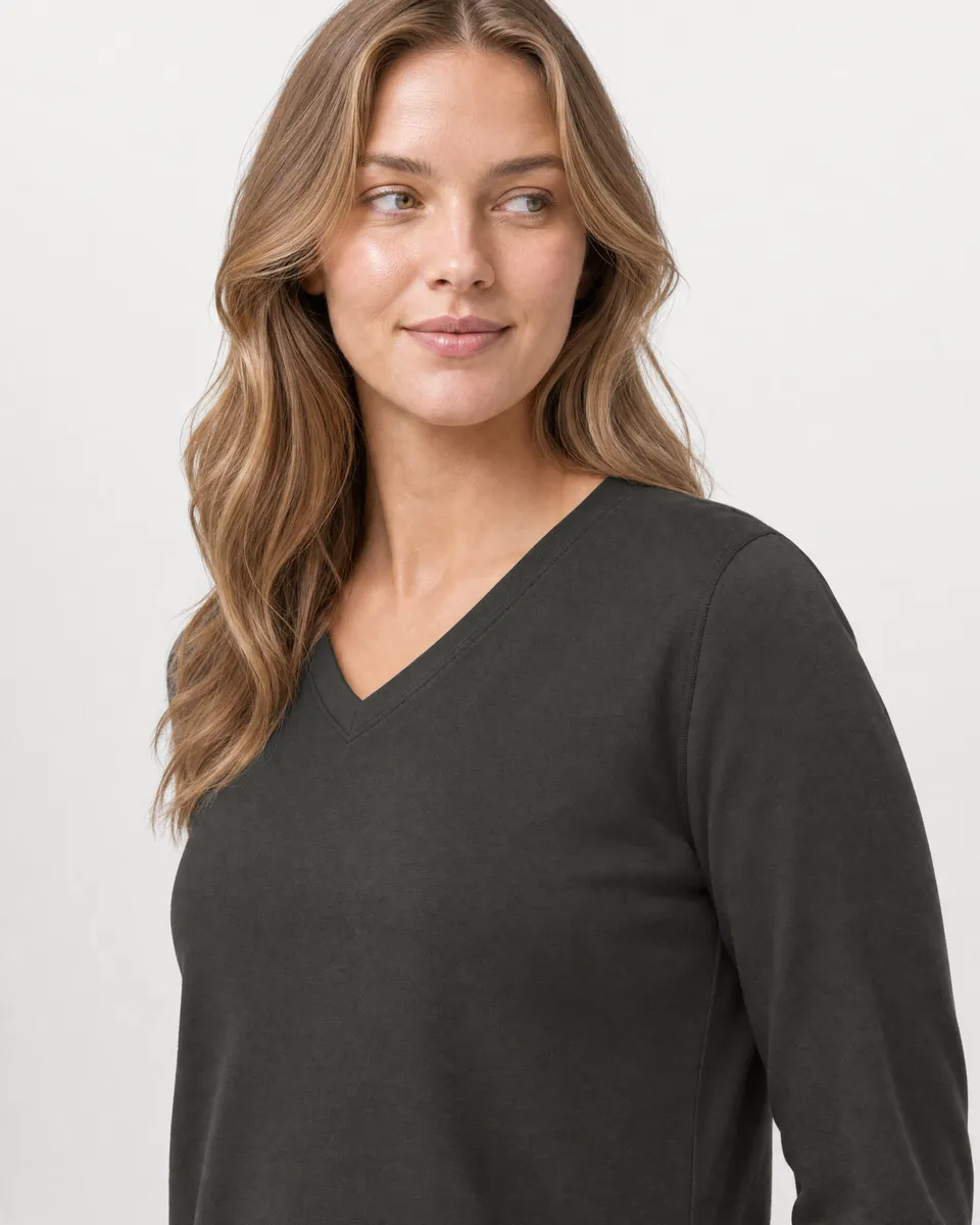 StringKing Women's Pima Terry Long Sleeve V-Neck Tee - Relaxed Fit, Peat, Collar Shoulder - Human Model
