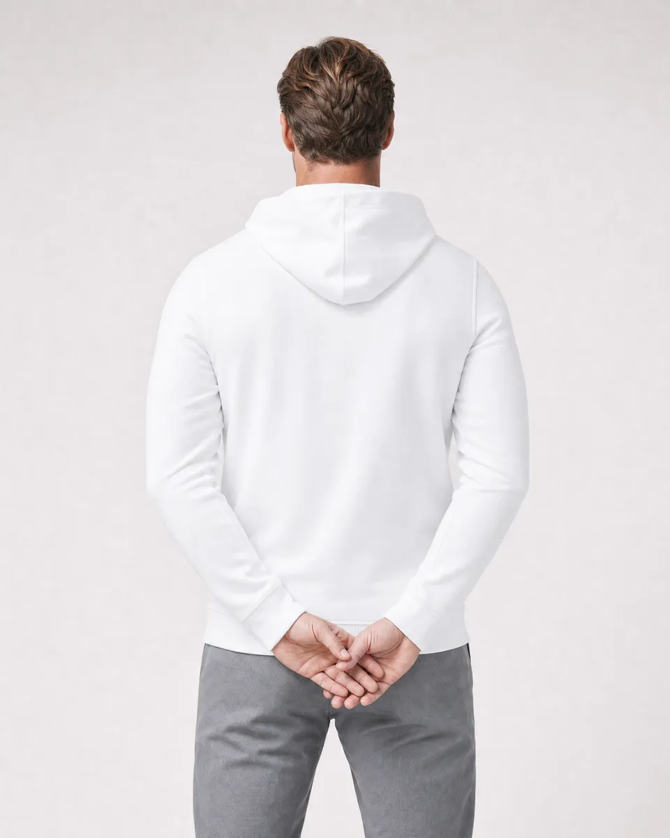 StringKing Men's StayWarm Hoodie - Sharp Fit, White, Full Back - Human Model - Top of head to Mid-thigh