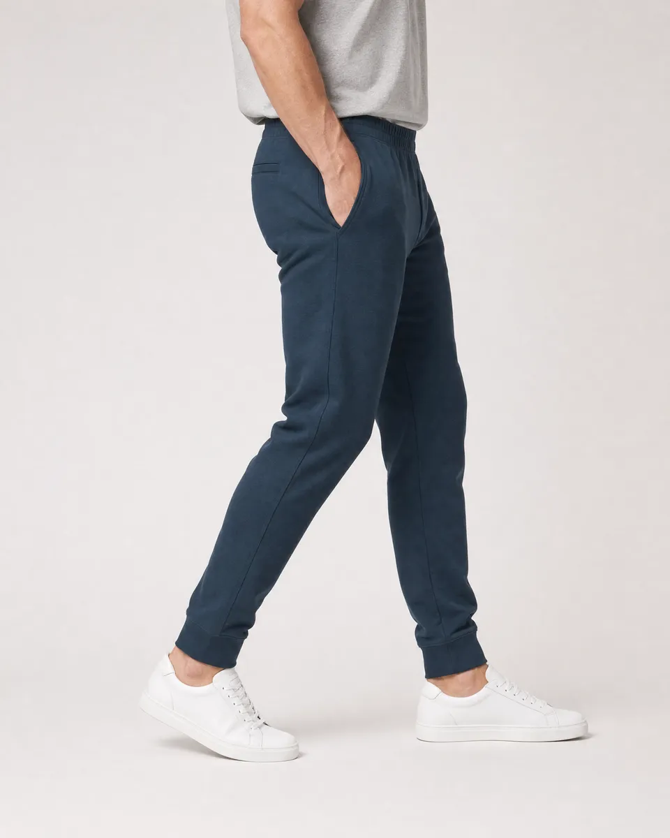 StringKing Men's Pima Terry Sweatpants - Sharp Fit, Navy, Full Side - Human Model - Chest to Feet