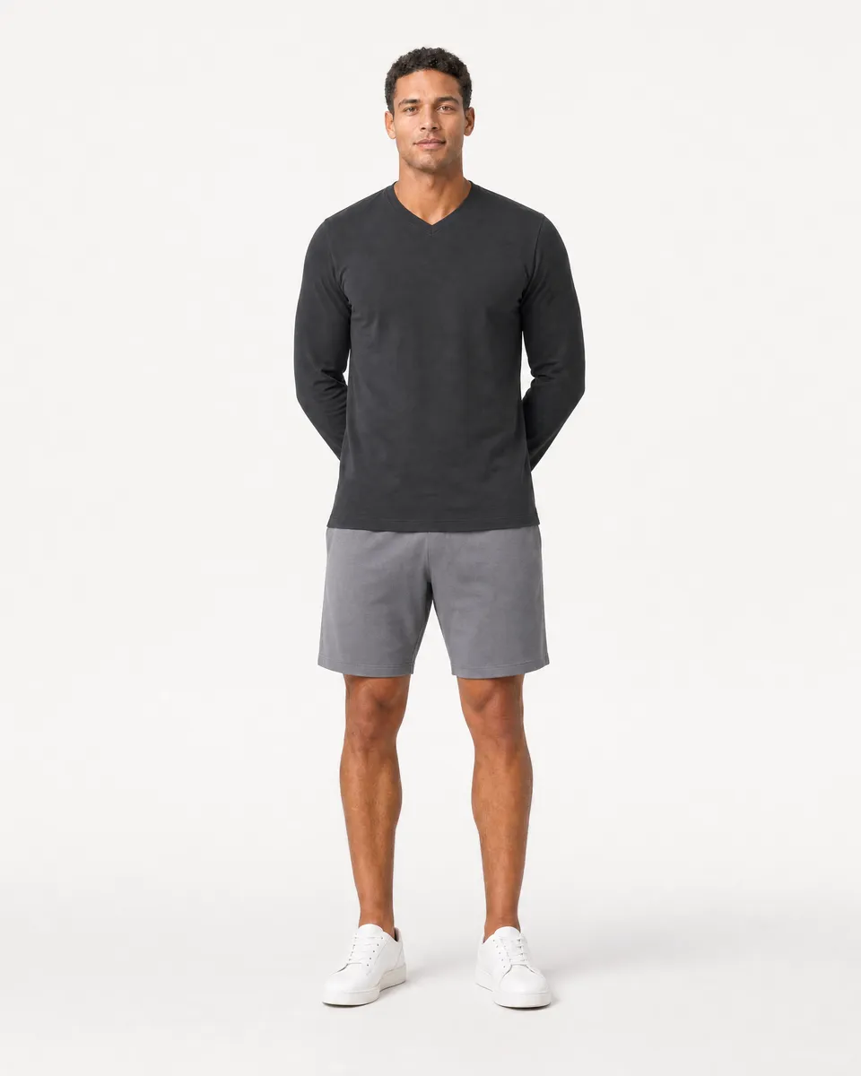 StringKing Men's Pima Terry Long Sleeve V-Neck Tee - Sharp Fit, Black, Full Front - Human Model - Top of head to Knees