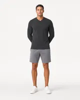 StringKing Men's Pima Terry Long Sleeve V-Neck Tee - Sharp Fit, Black, Full Front - Human Model - Top of head to Knees