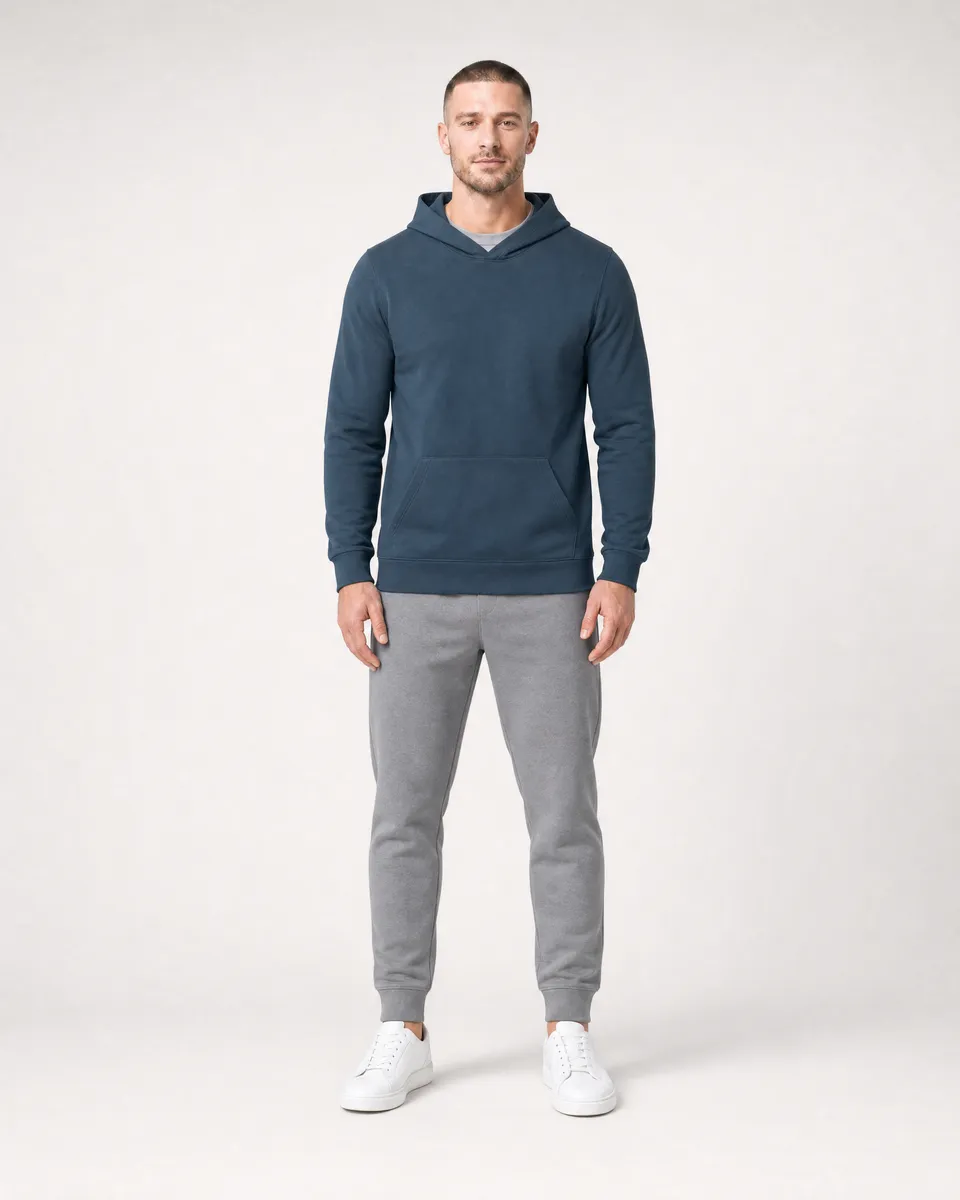 StringKing Men's Pima Terry Hoodie - Sharp Fit, Navy, Full Front - Human Model - Top of head to Knees
