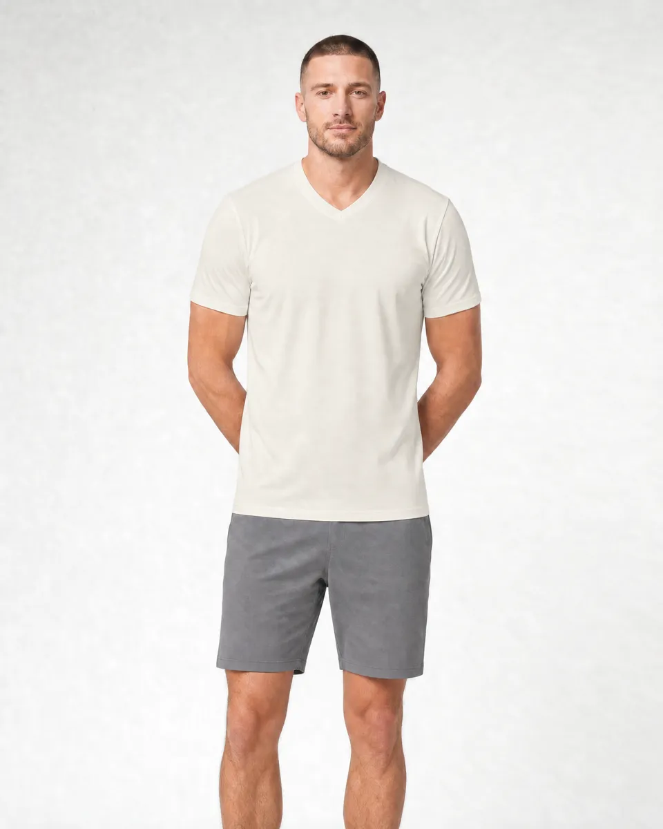 StringKing Men's Pima Jersey V-Neck Tee - Sharp Fit, Tofu, Full Front - Human Model - Top of head to Knees