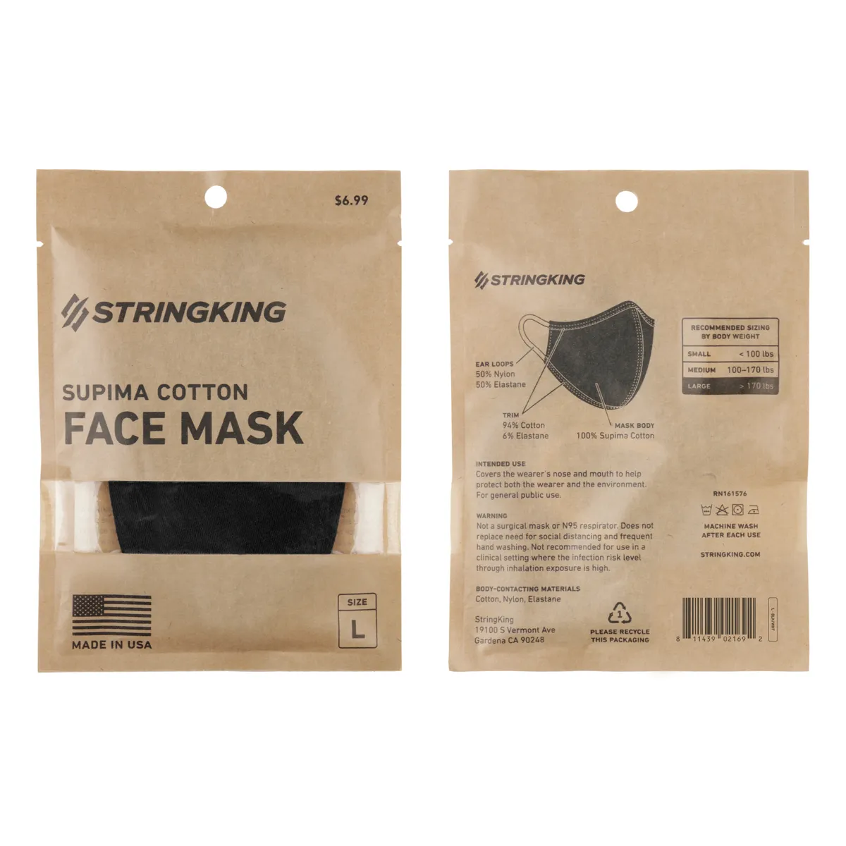 StringKing Cloth Face Mask - Standard, Single, Large, Black, Front, Back