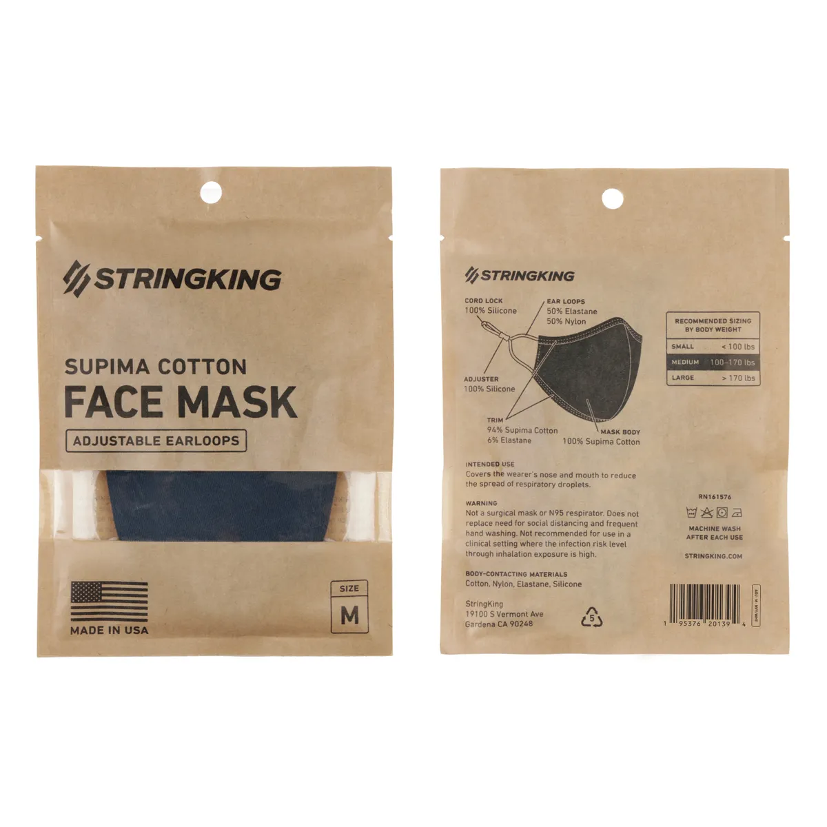 StringKing Cloth Face Mask - Adjustable, Single, Medium, Navy, Front, Back