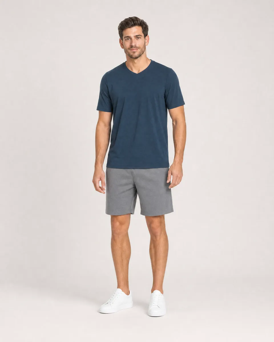 StringKing Men's Pima Terry V-Neck Tee - Sharp Fit, Navy, Full Front - Human Model