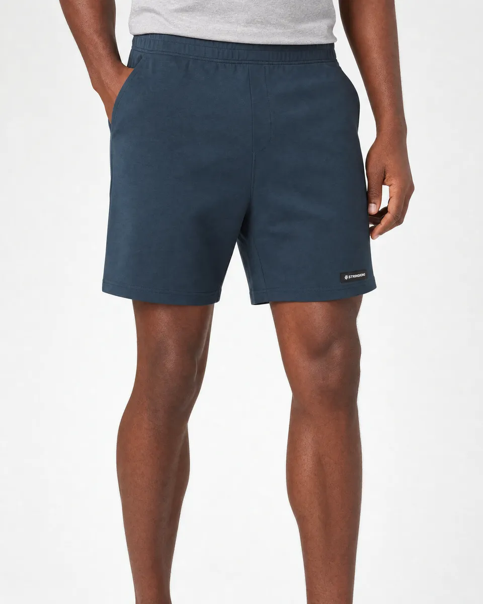StringKing Men's Pima Terry Shorts - Relaxed Fit, Navy, Full Front - Human Model - Waist to Mid-calf