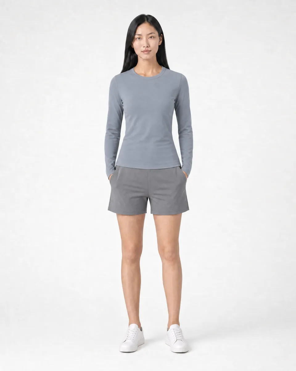 StringKing Women's Pima Terry Long Sleeve Tee - Sharp Fit, Tradewinds, Full Front Angle - Human Model