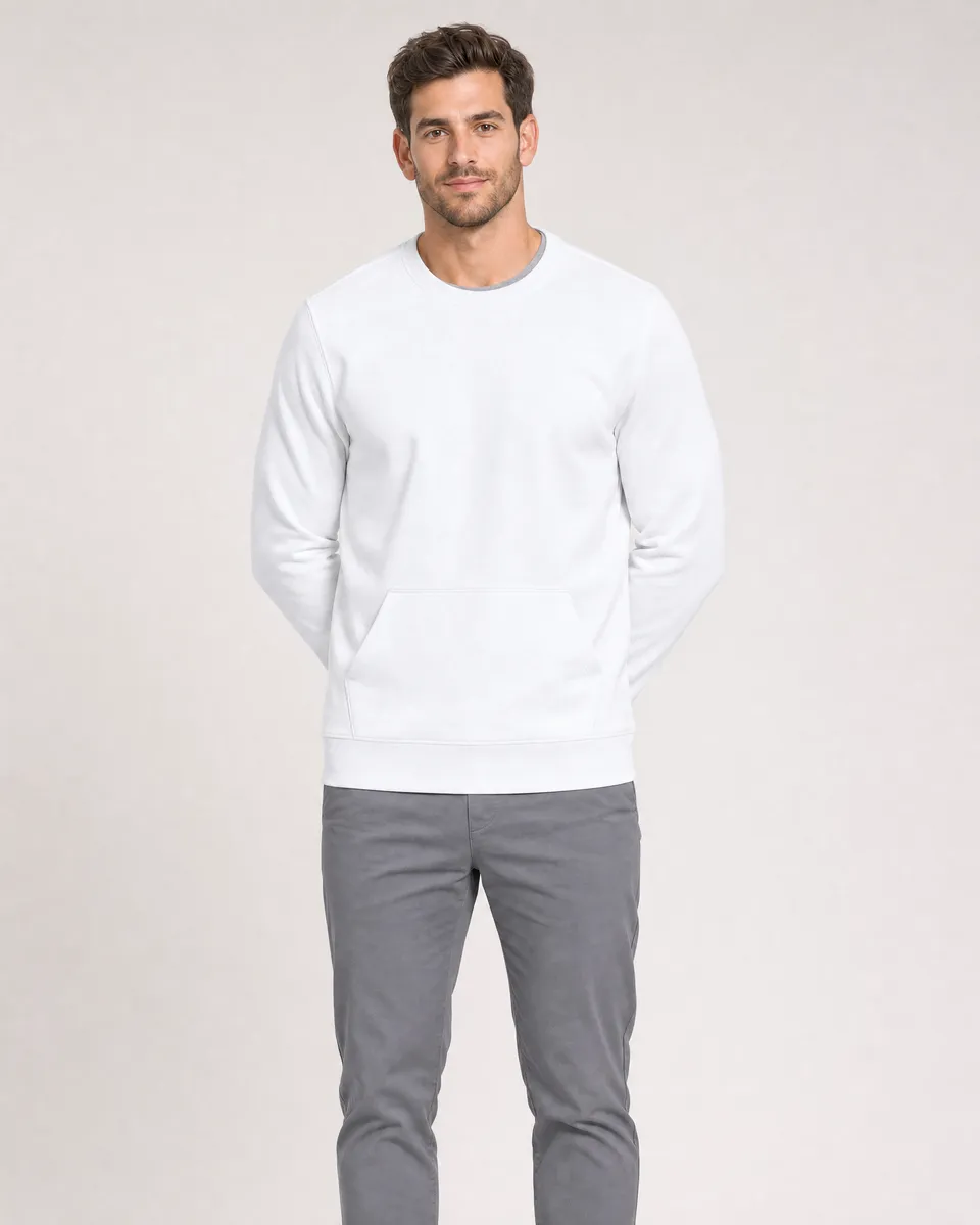 StringKing Men's Pima Terry Crew Sweatshirt - Sharp Fit, White, Full Front - Human Model - Top of head to Knees