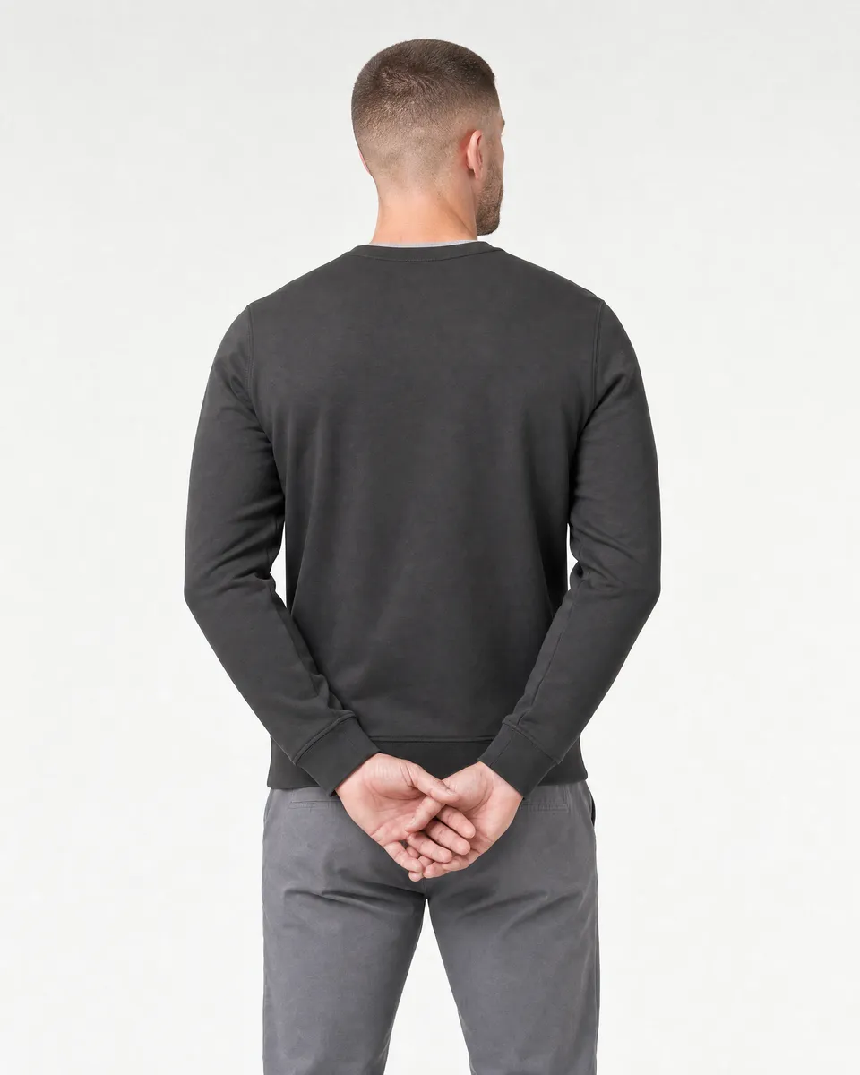 StringKing Men's Pima Terry Crew Sweater - Sharp Fit, Peat, Full Back - Human Model - Top of head to Mid-thigh