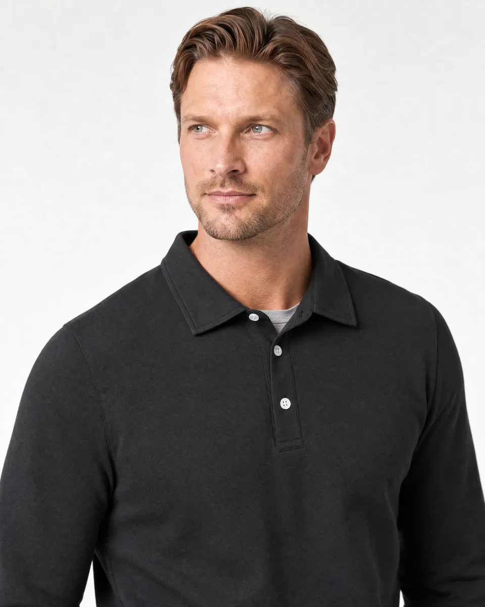 StringKing Men's Pima Terry Long Sleeve Polo - Sharp Fit, Black, Collar Shoulder - Human Model