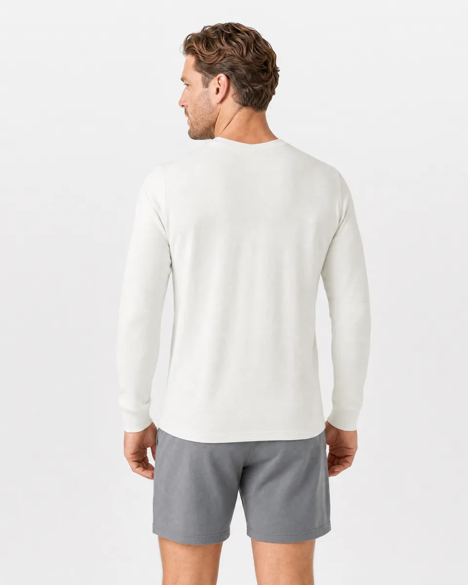 StringKing Men's Pima Terry Long Sleeve V-Neck Tee - Sharp Fit, Tofu, Full Back - Human Model - Top of head to Mid-thigh