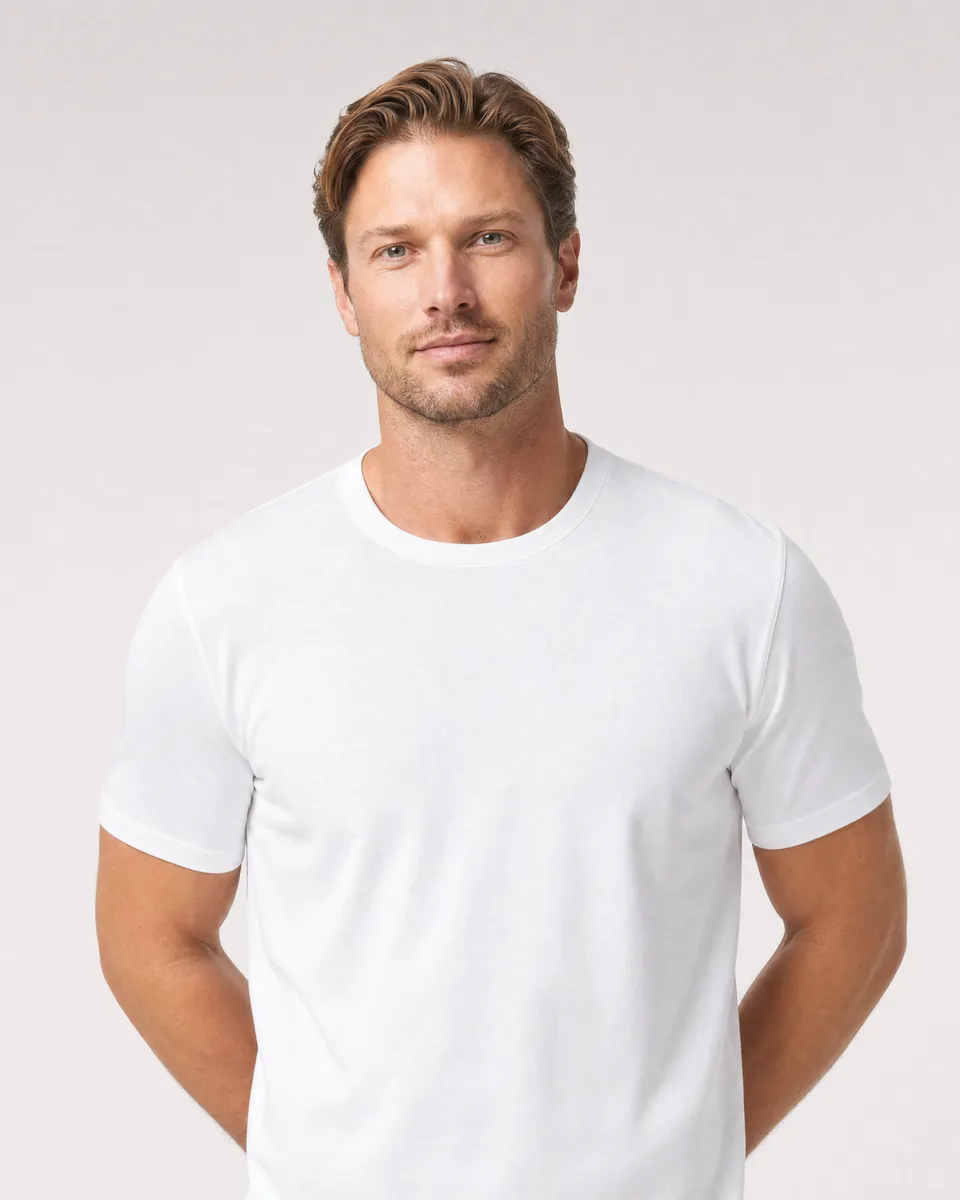 StringKing Men's Pima Jersey Tee - Sharp Fit, White, Collar Shoulder - Human Model